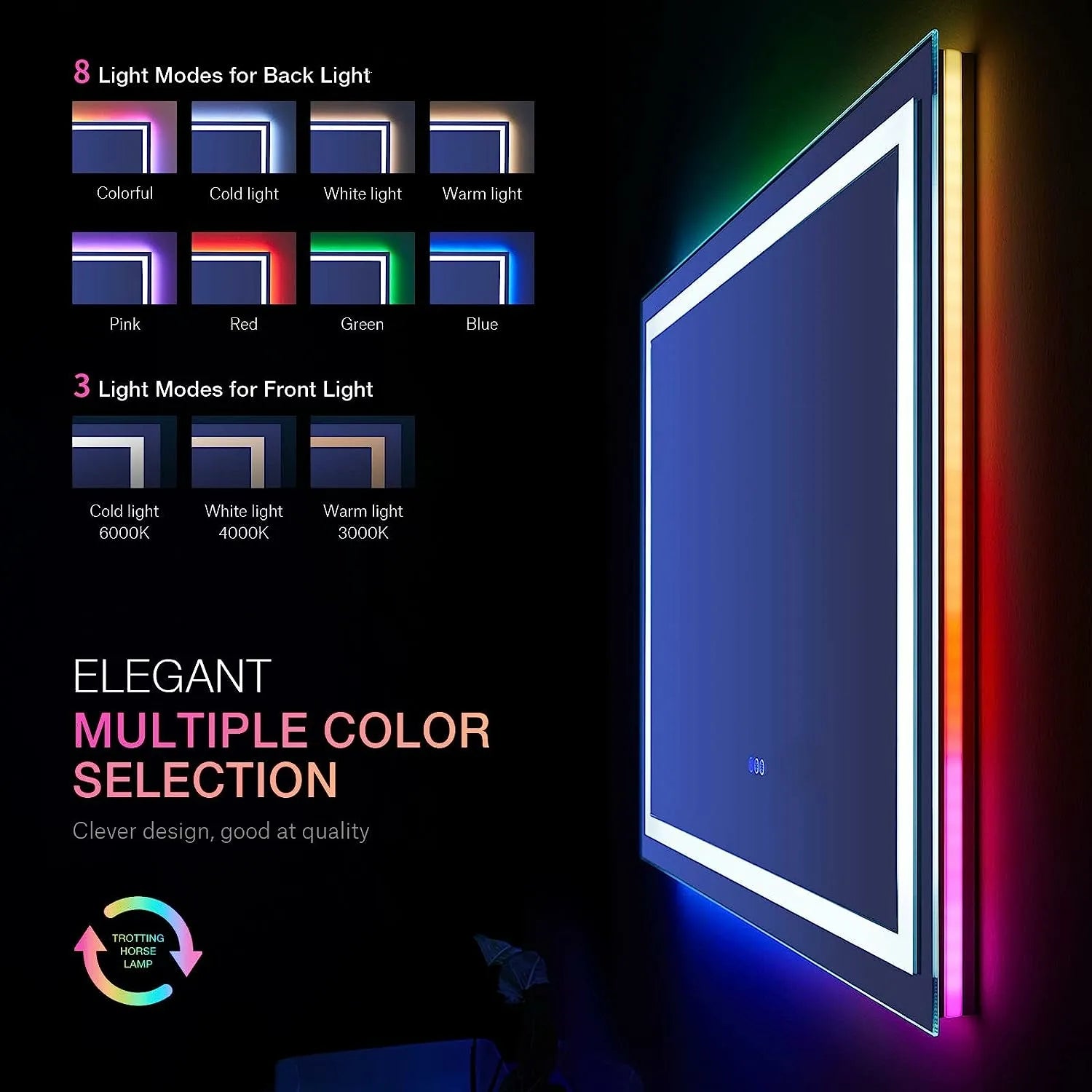 RGB Backlit + Front Lighted LED Bathroom Mirror with Lights Memory Function Dimmable Anti-Fog