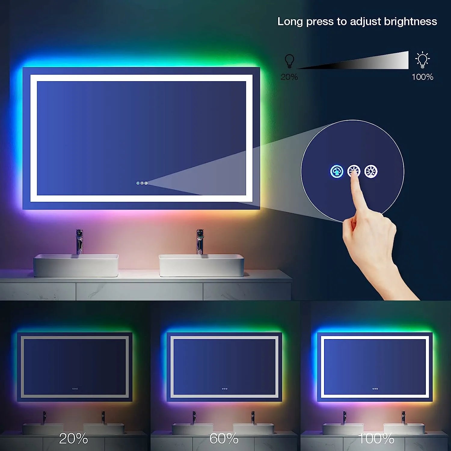 Large RGB Backlit Bathroom Vanity Mirror with Lights Front Lighted Memory Function Anti-Fog
