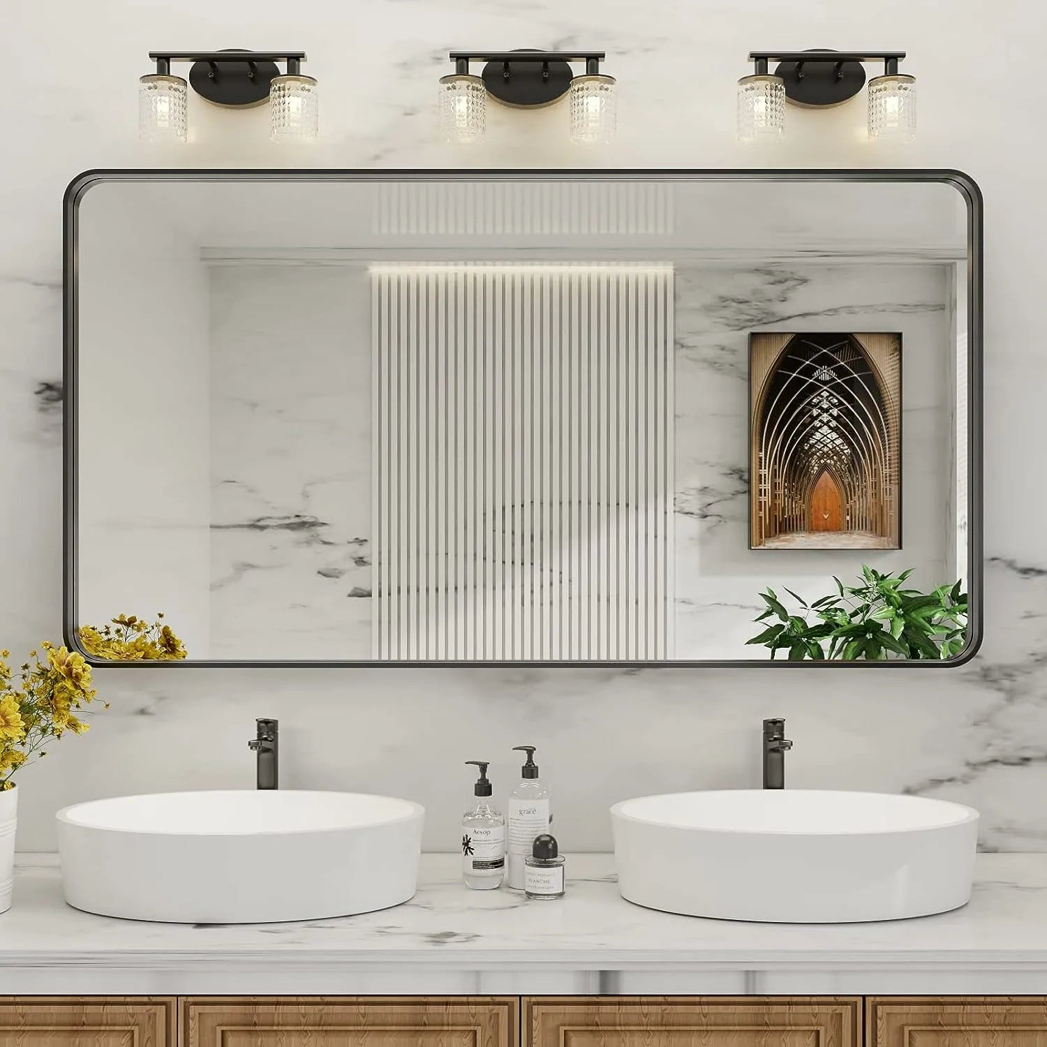 Matte Black Framed Bathroom Mirror Large Rounded Rectangle Anti-Rust