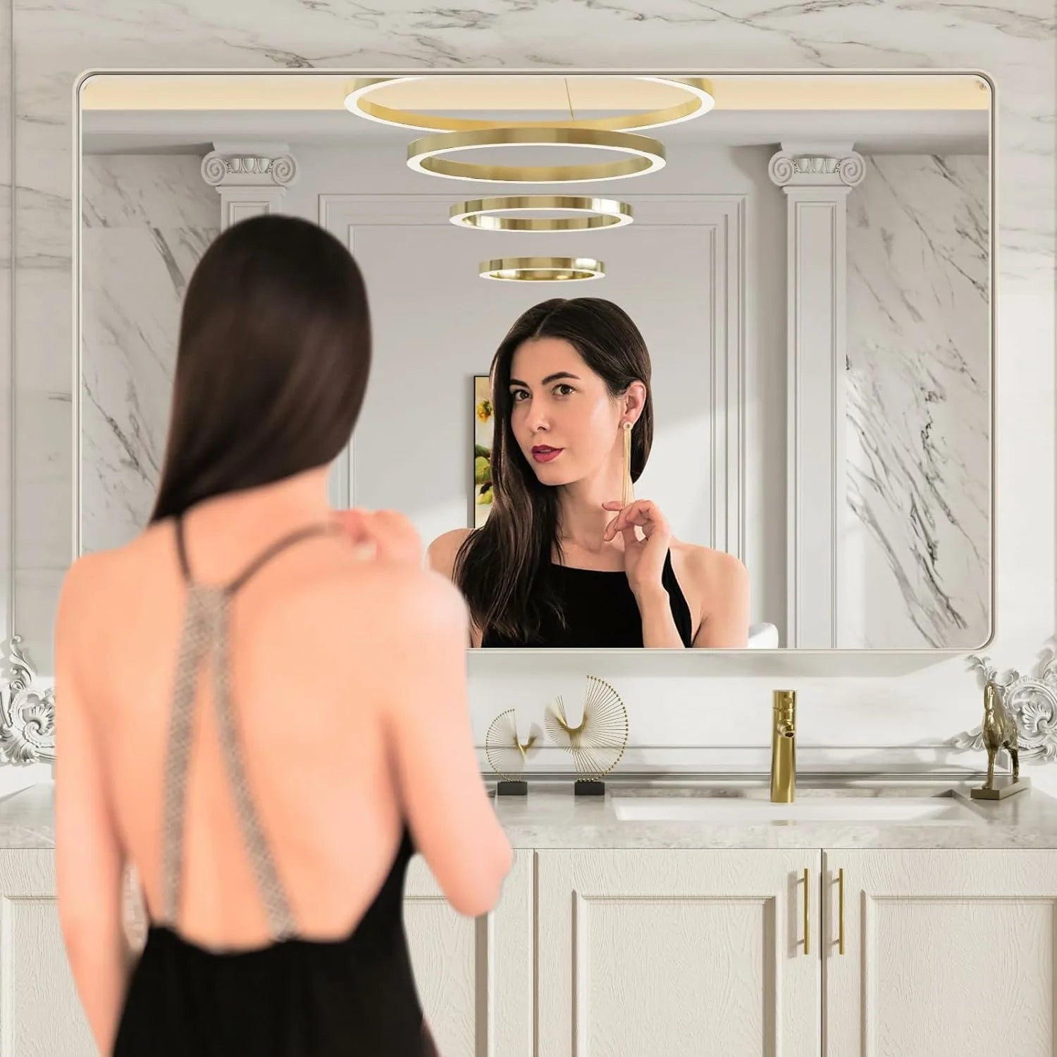 Tempered Glass Brushed Nickel Silver Metal Frame Mirror