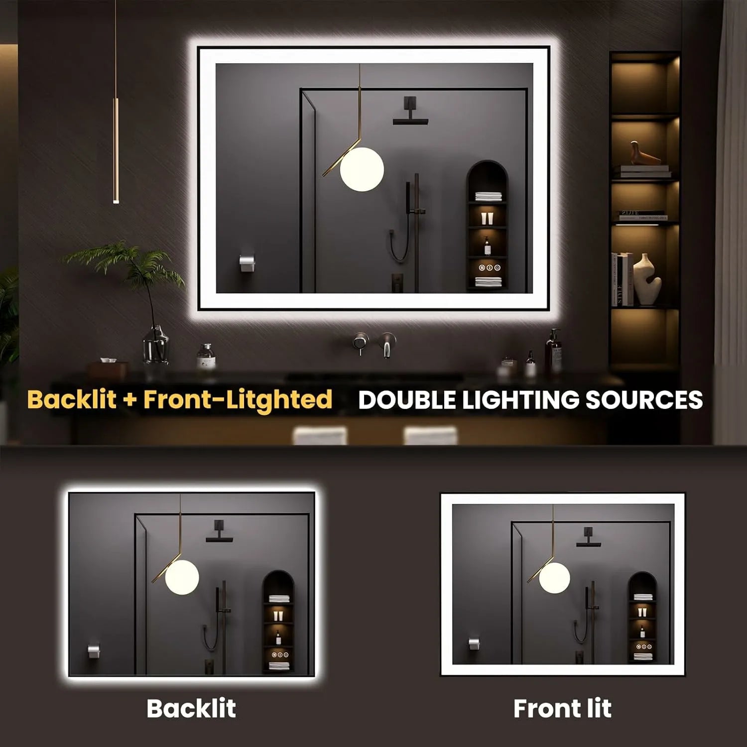 LOAAO 48"X36" Dimmable Black Framed LED Bathroom Mirror