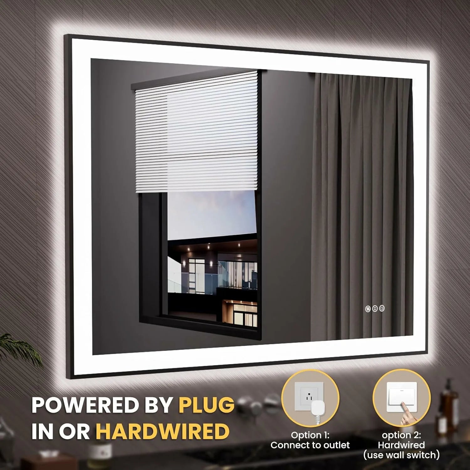 LOAAO 48"X36" Dimmable Black Framed LED Bathroom Mirror