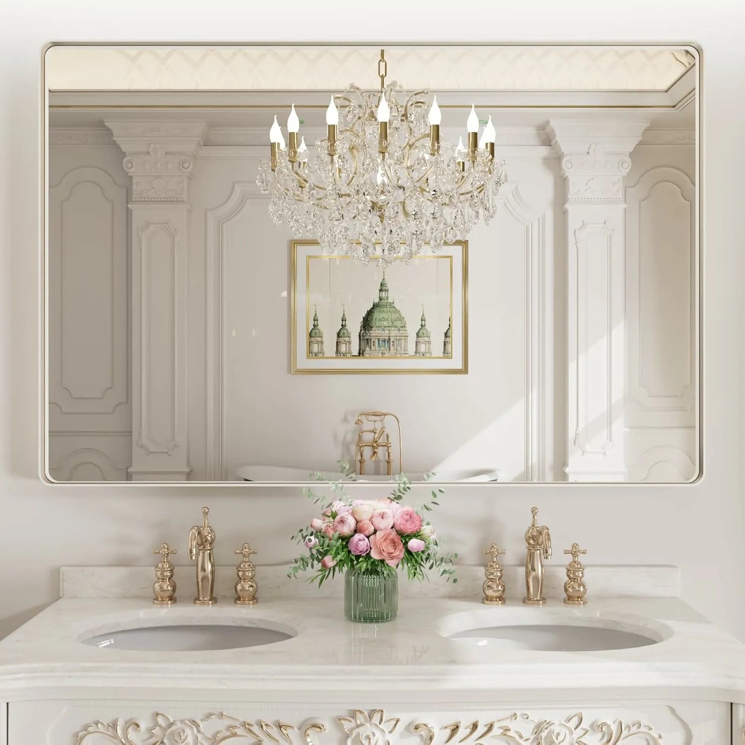 60"x40" Rounded Rectangle Brushed Nickel Silver Bathroom Mirror