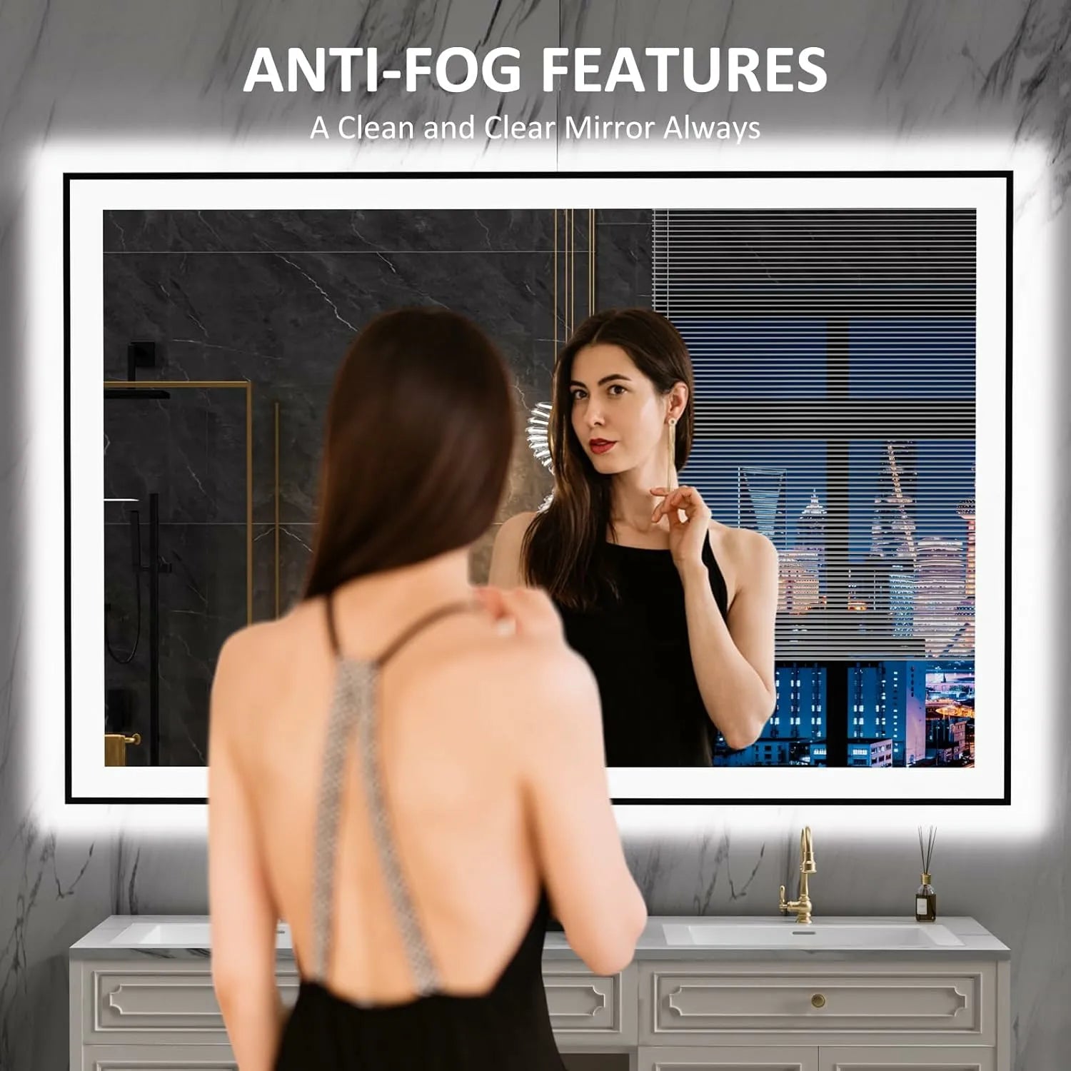 LOAAO 60"X40" Black Framed LED Lighted Bathroom Vanity Mirror