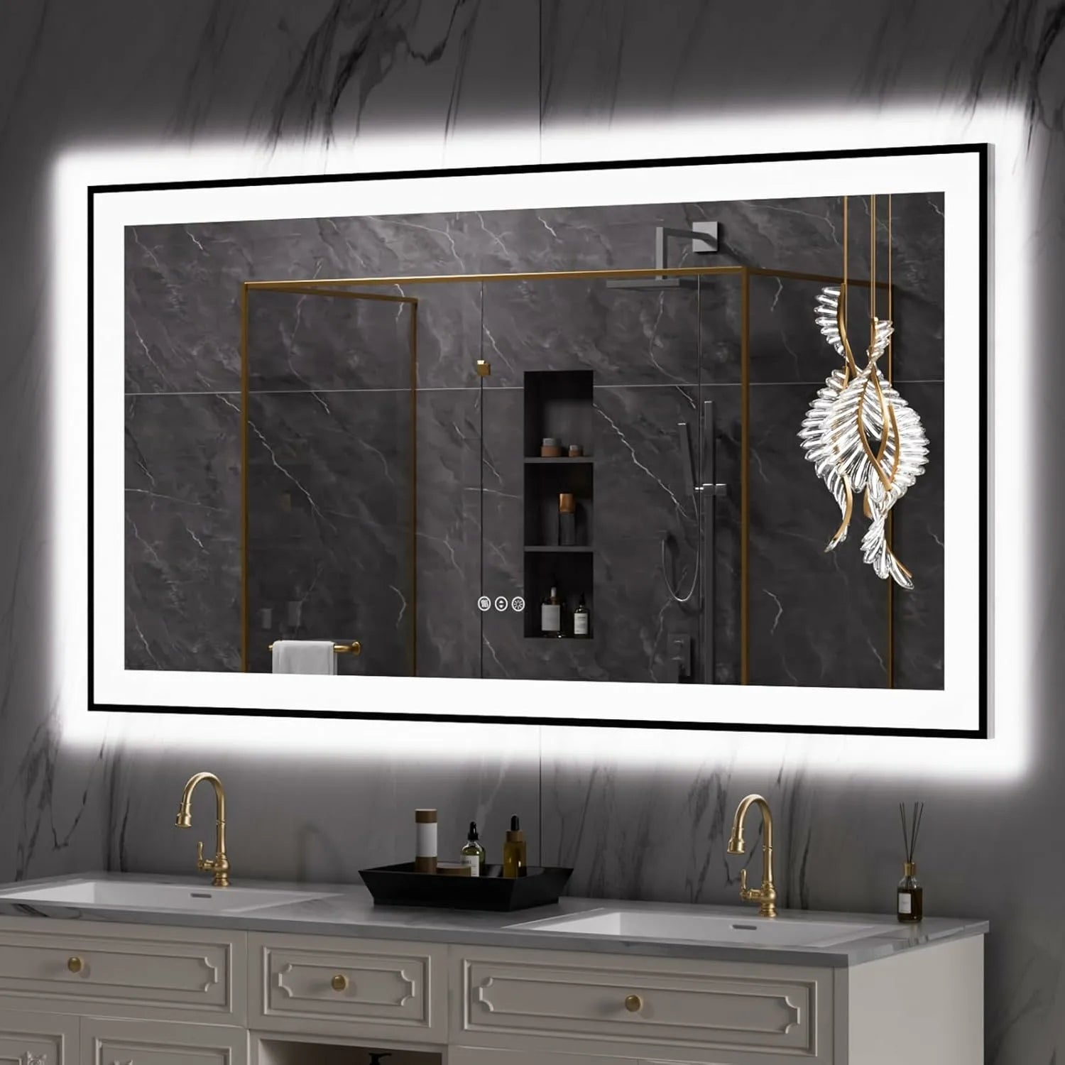 LOAAO 55"X30" Black Framed LED Bathroom Mirror