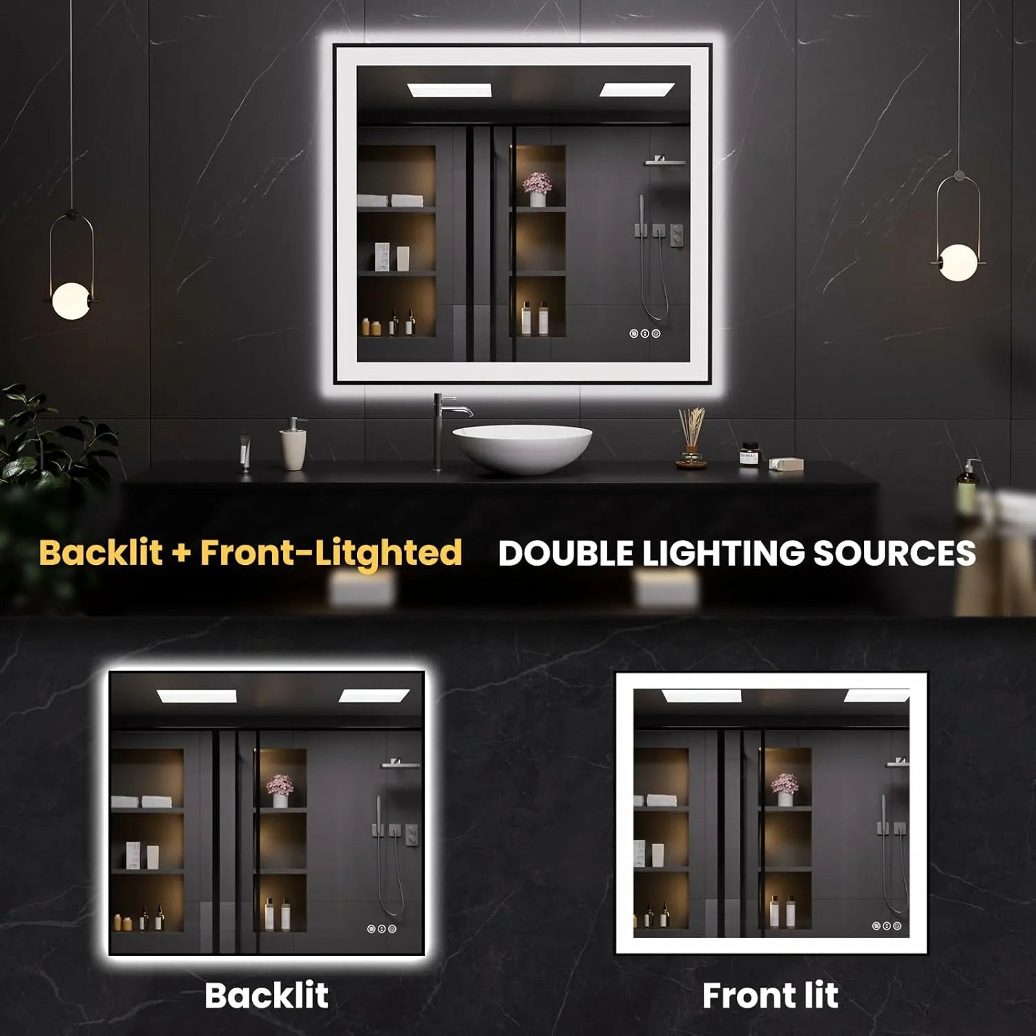 LOAAO 40"X36" Easy to Install Black Framed LED Bathroom Mirror