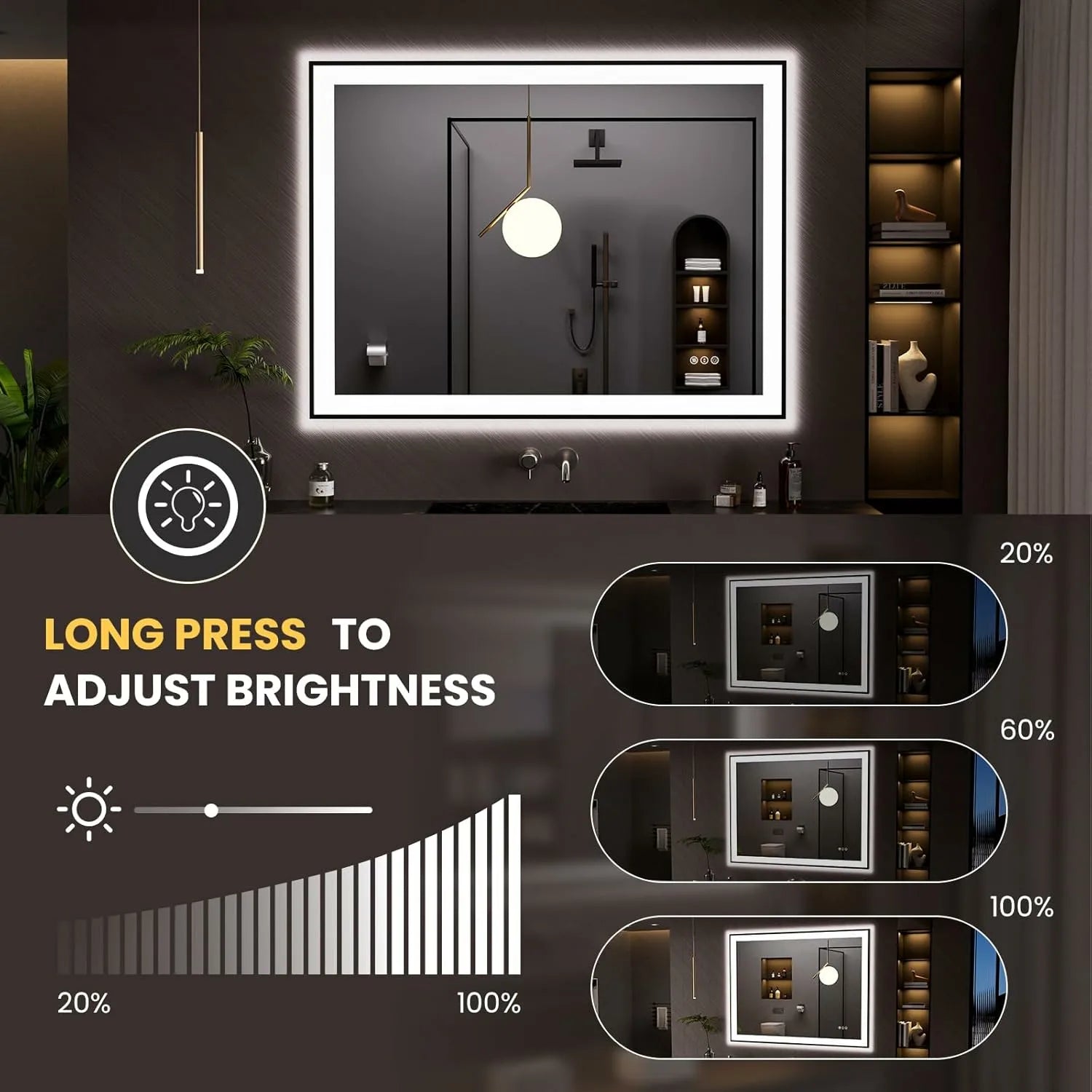 LOAAO 48"X36" Dimmable Black Framed LED Bathroom Mirror