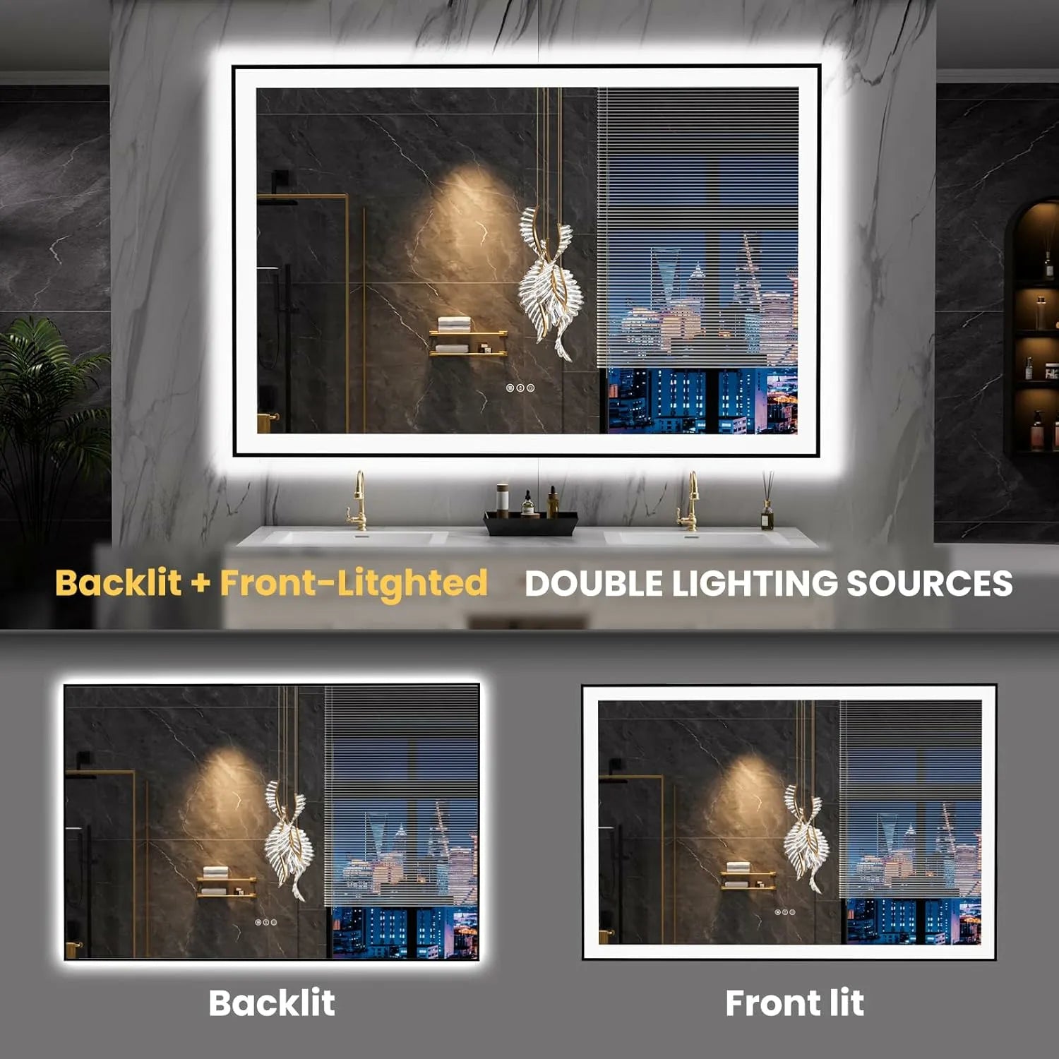 LOAAO 60"X40" Black Framed LED Lighted Bathroom Vanity Mirror