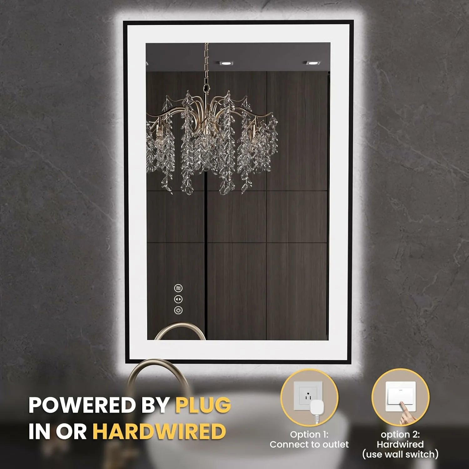 LOAAO 24"X36" Black Framed Memory Function Anti-Fog LED Bathroom Mirror
