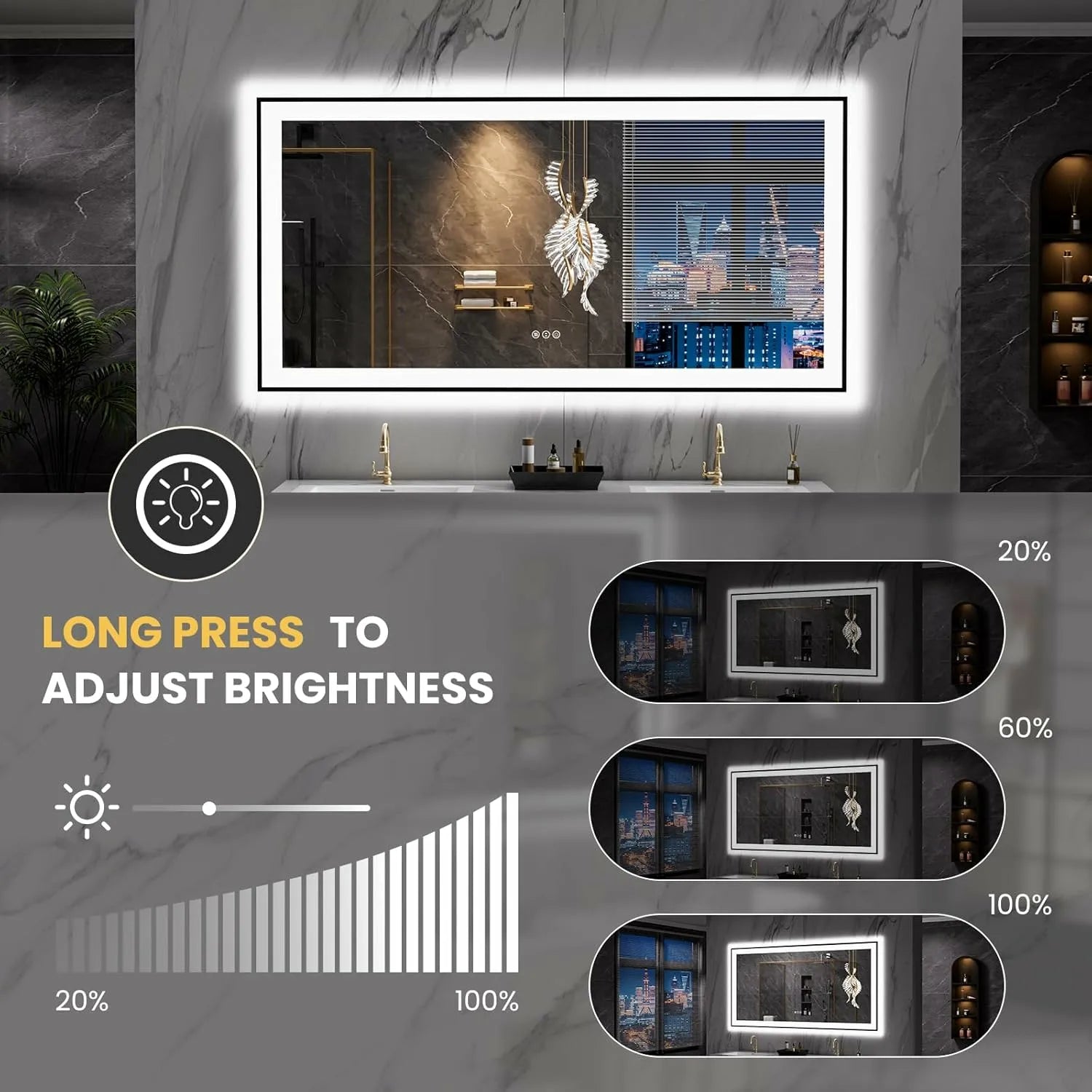LOAAO 60"X30" Anti-Fog Black Framed LED Bathroom Mirror