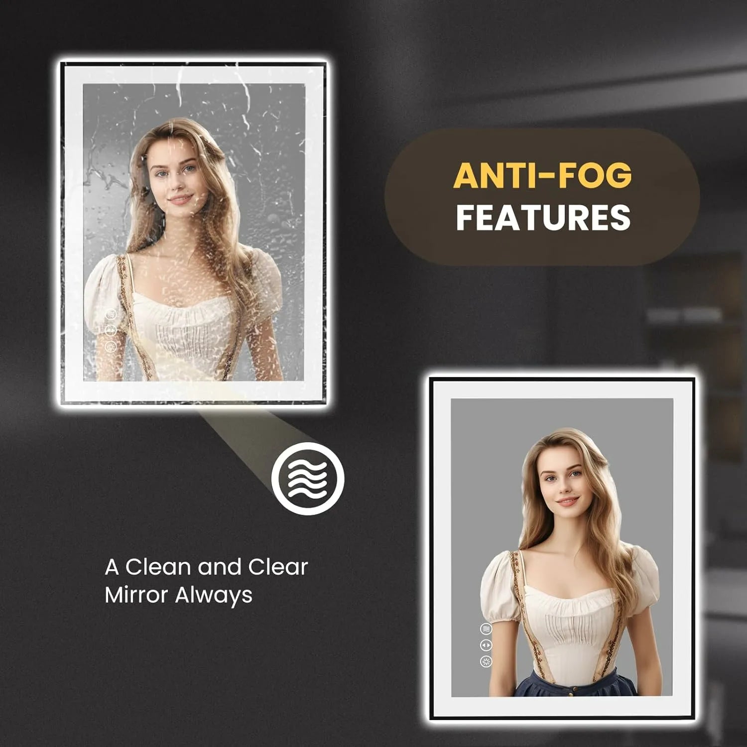 LOAAO 24"X36" Black Framed Memory Function Anti-Fog LED Bathroom Mirror