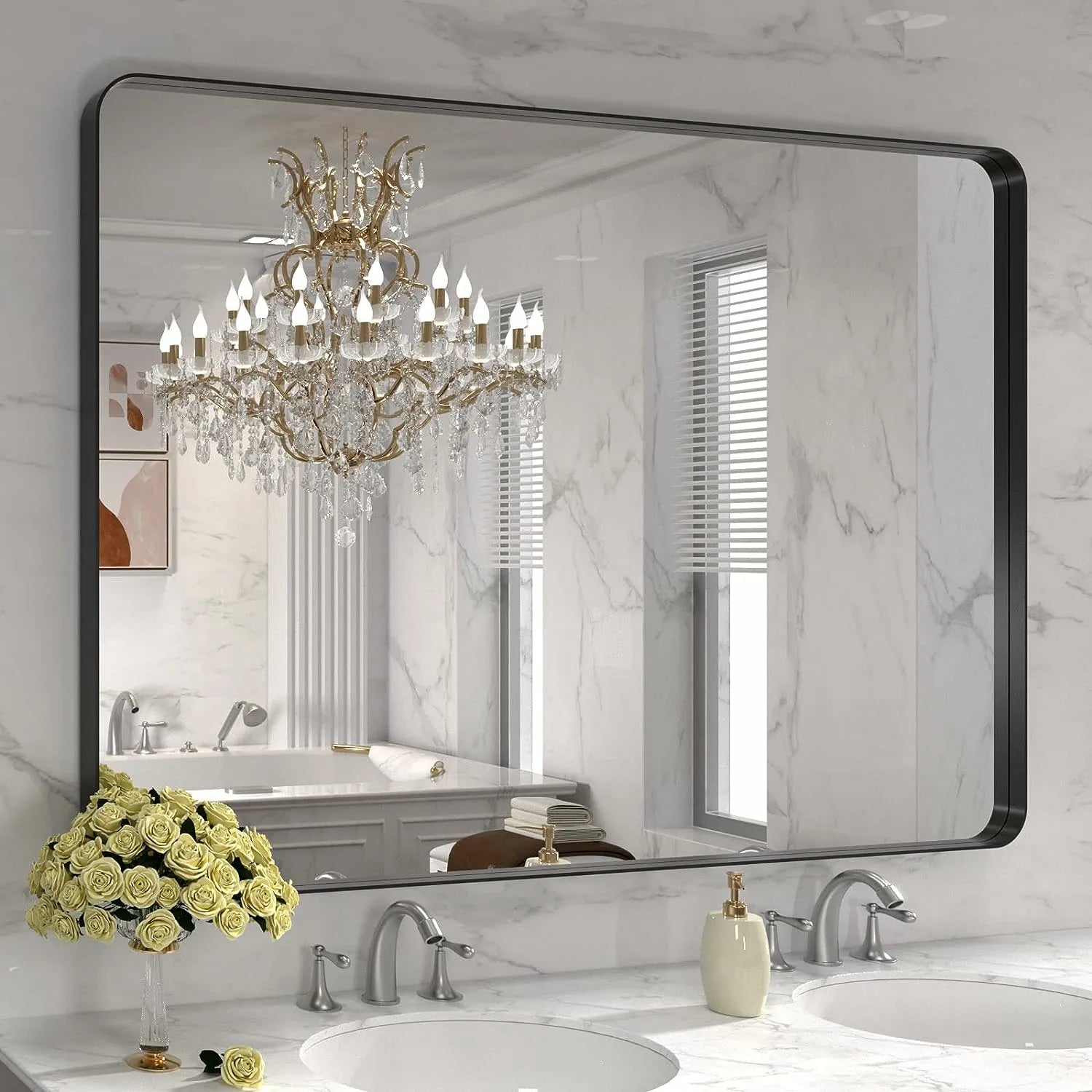 LOAAO 48"X30" Hangs Horizontally or Vertically Large Rounded Rectangle Black Framed Mirror