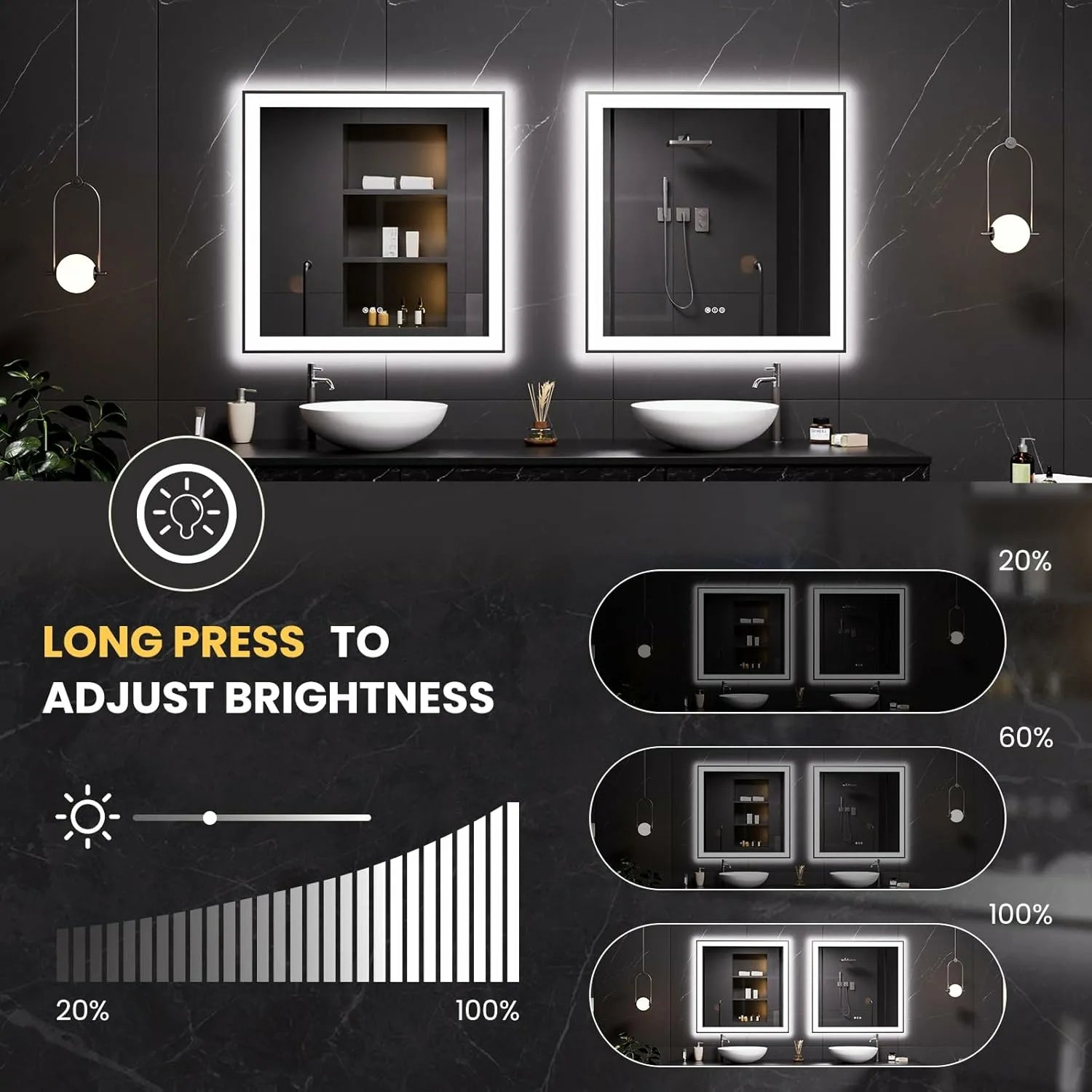 LOAAO 36"X36" Square Black Framed LED Bathroom Mirror
