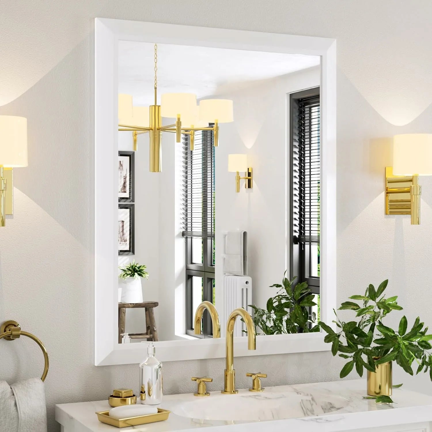 40”x32“ Horizontal/Vertical Thick Metal White Framed Bathroom Mirror