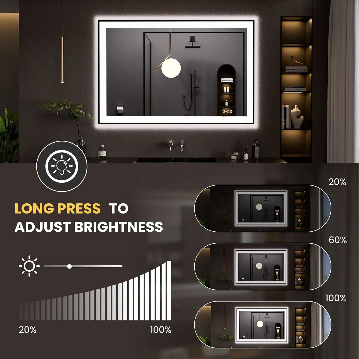 LOAAO 48"X32" 3 Color Temperature Black Framed LED Bathroom Mirror