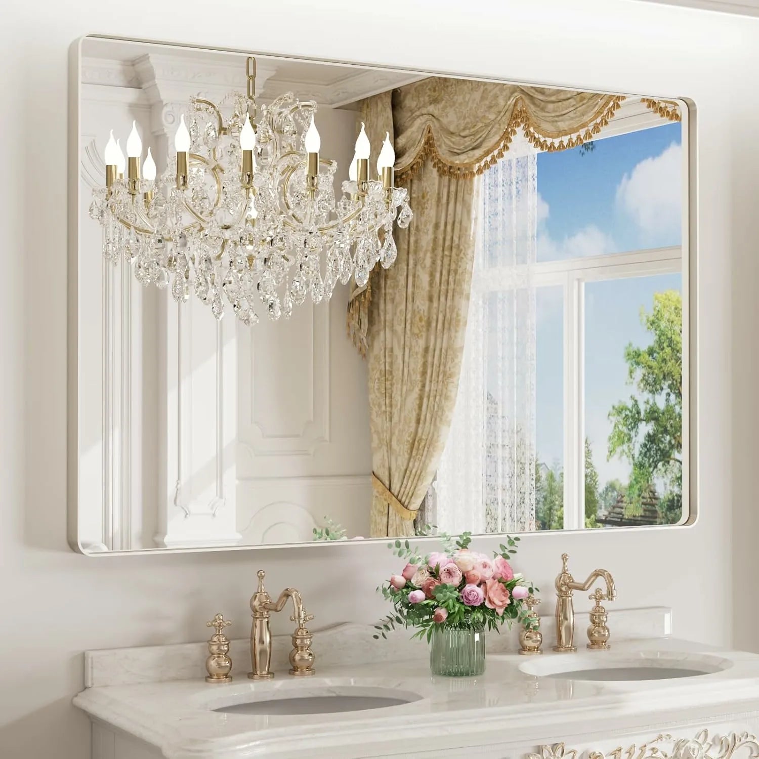 60"x40" Rounded Rectangle Brushed Nickel Silver Bathroom Mirror