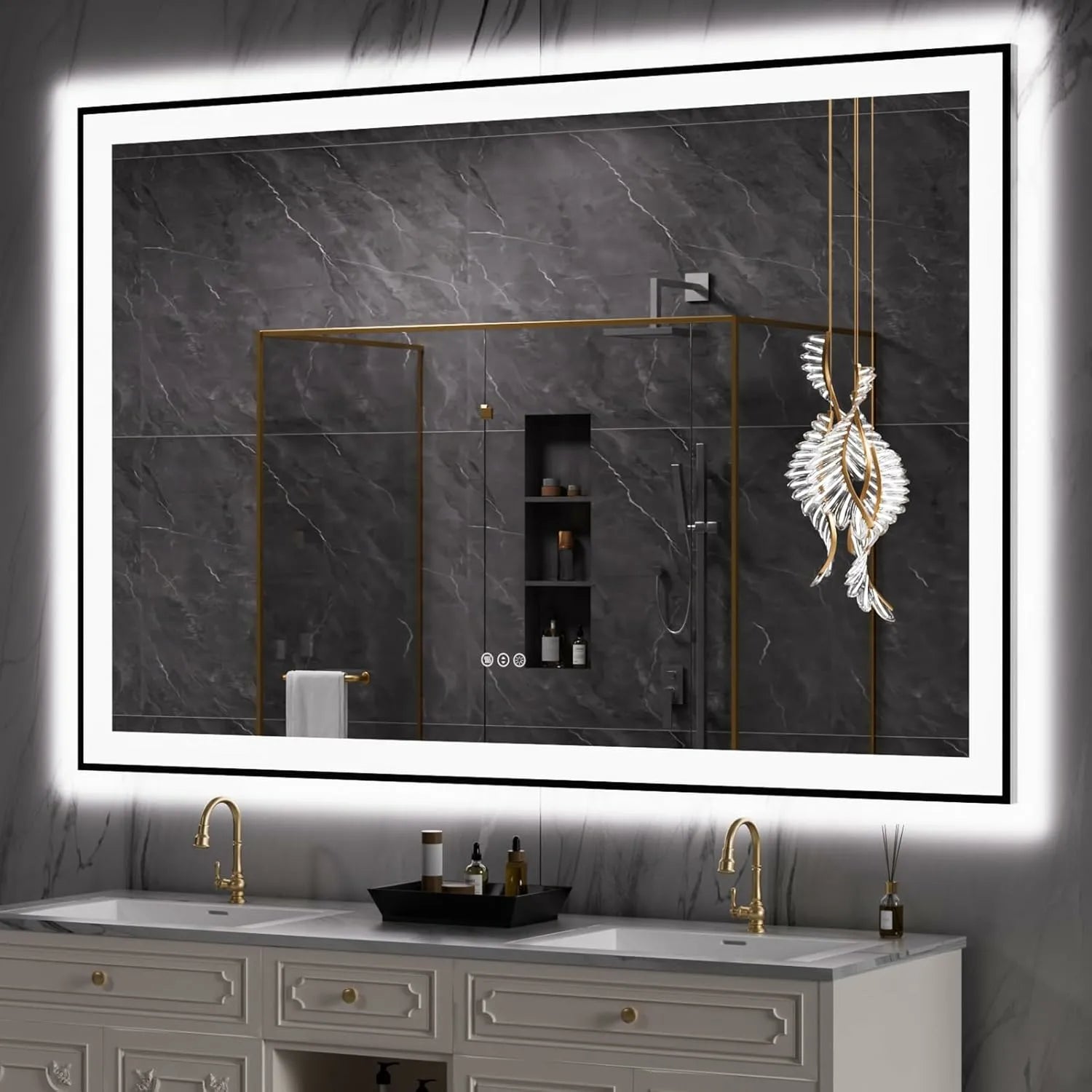 LOAAO 60"X40" Black Framed LED Lighted Bathroom Vanity Mirror