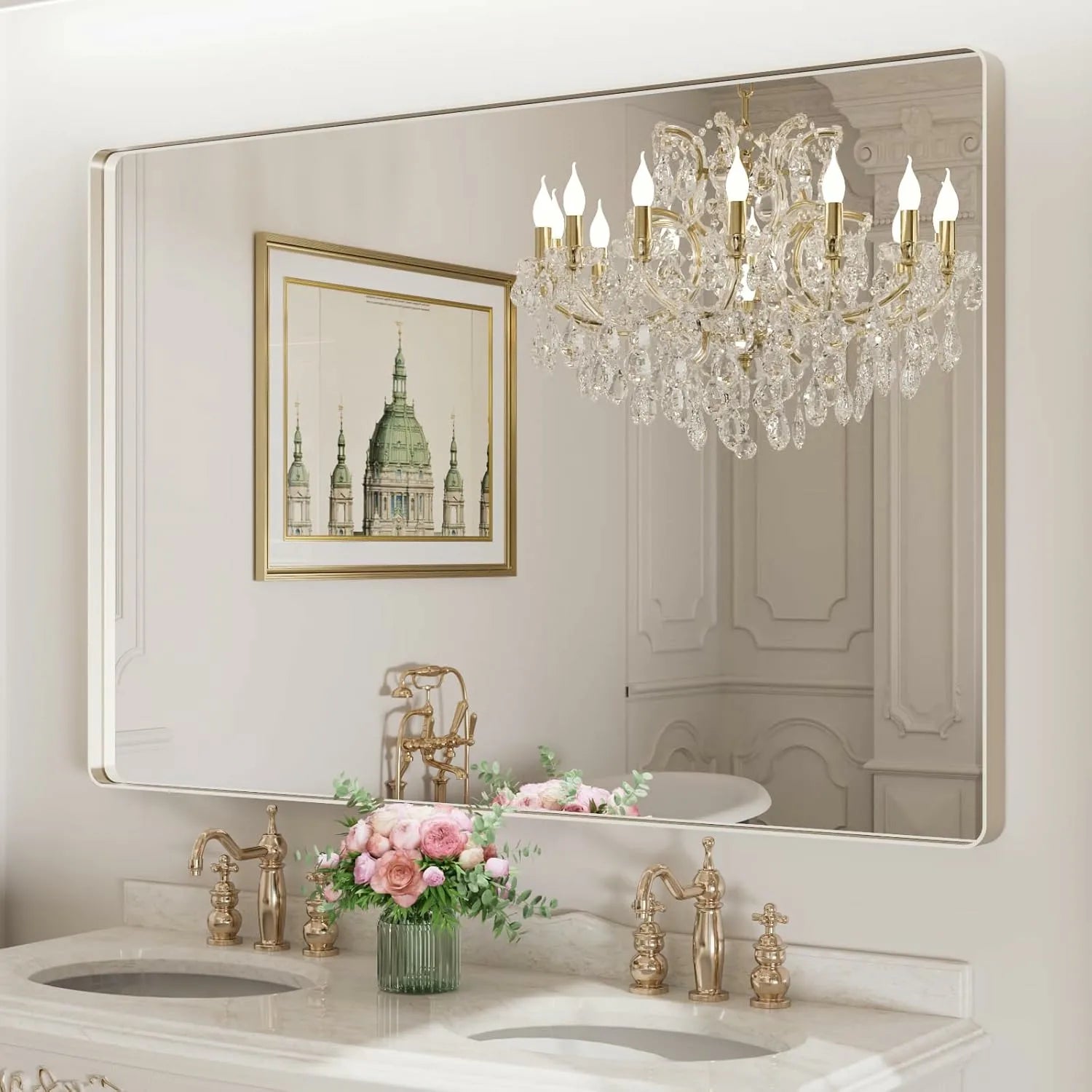 60"x40" Rounded Rectangle Brushed Nickel Silver Bathroom Mirror