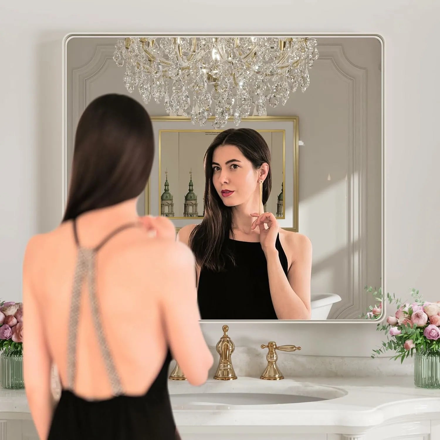 40"X36" Rounded Rectangle Silver Metal Frame Bathroom Mirror