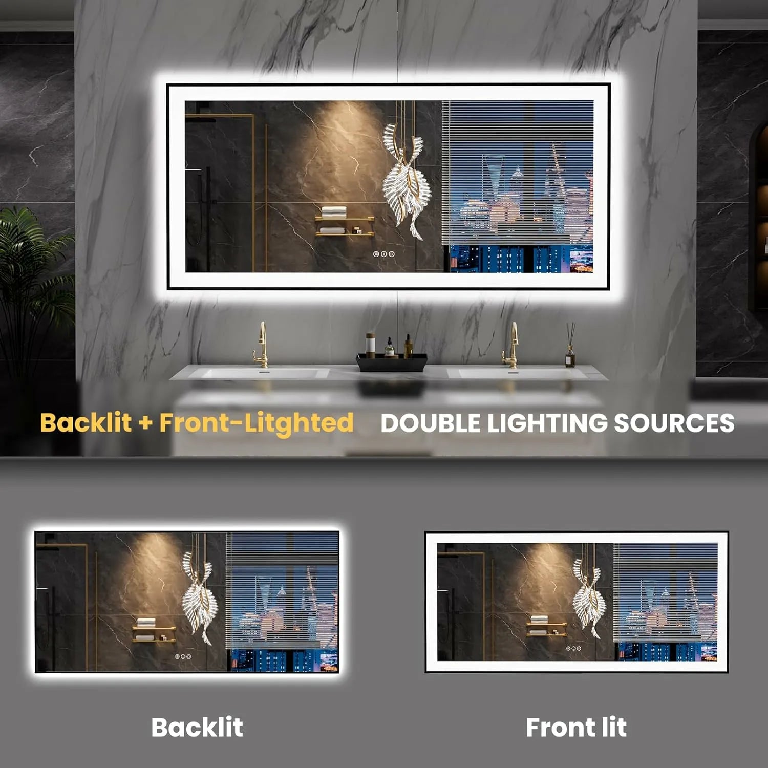 LOAAO 60"X30" Anti-Fog Black Framed LED Bathroom Mirror