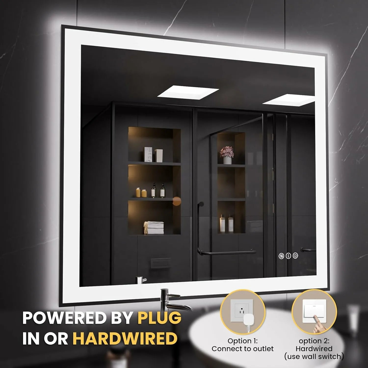 LOAAO 40"X36" Easy to Install Black Framed LED Bathroom Mirror