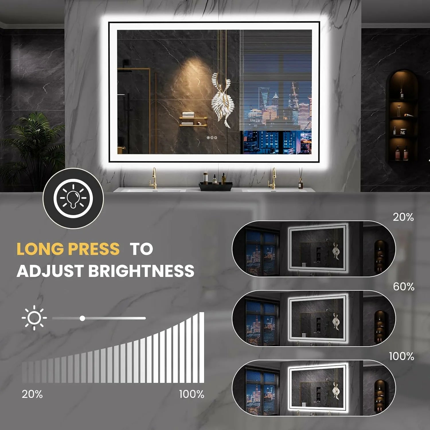LOAAO 60"X40" Black Framed LED Lighted Bathroom Vanity Mirror