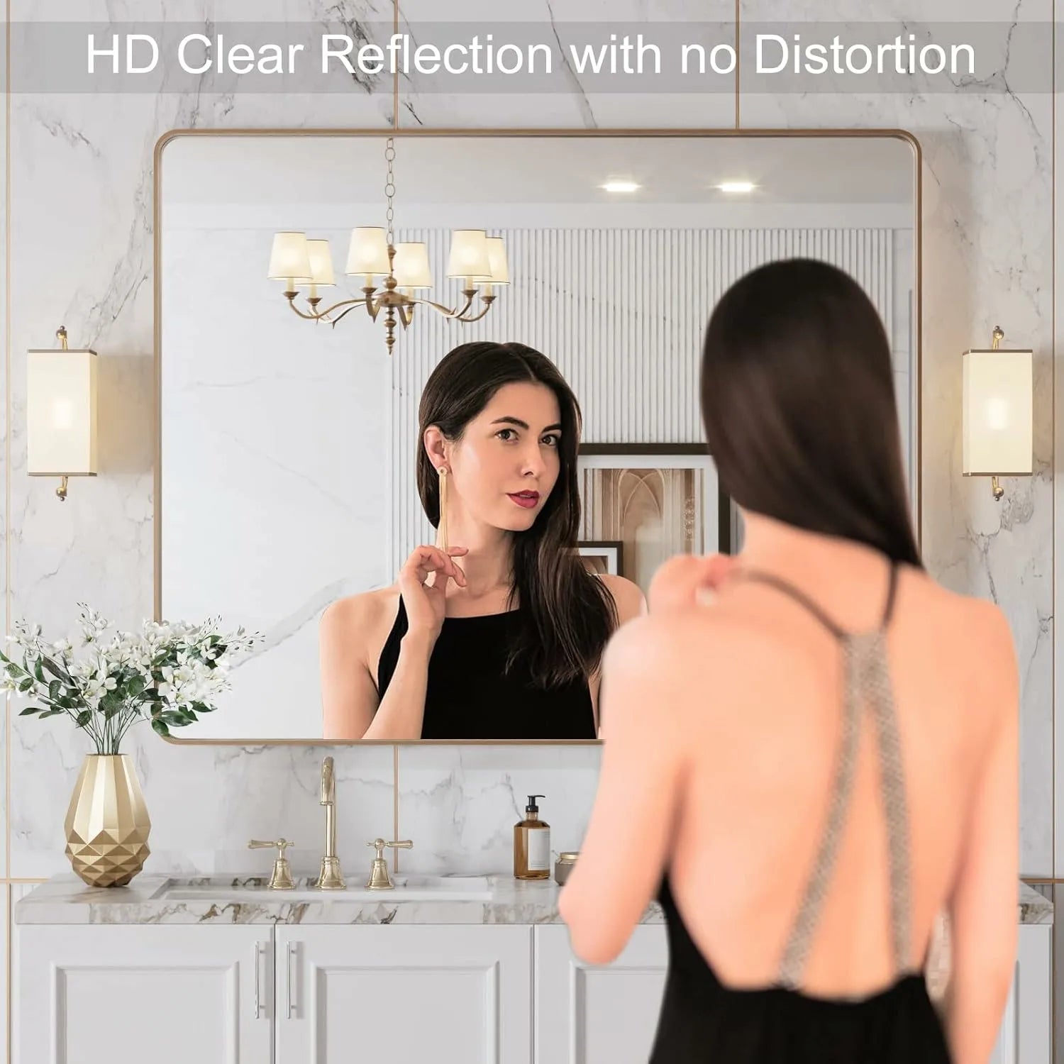 40”X36” Anti-Rust Tempered Glass Gold Bathroom Mirror
