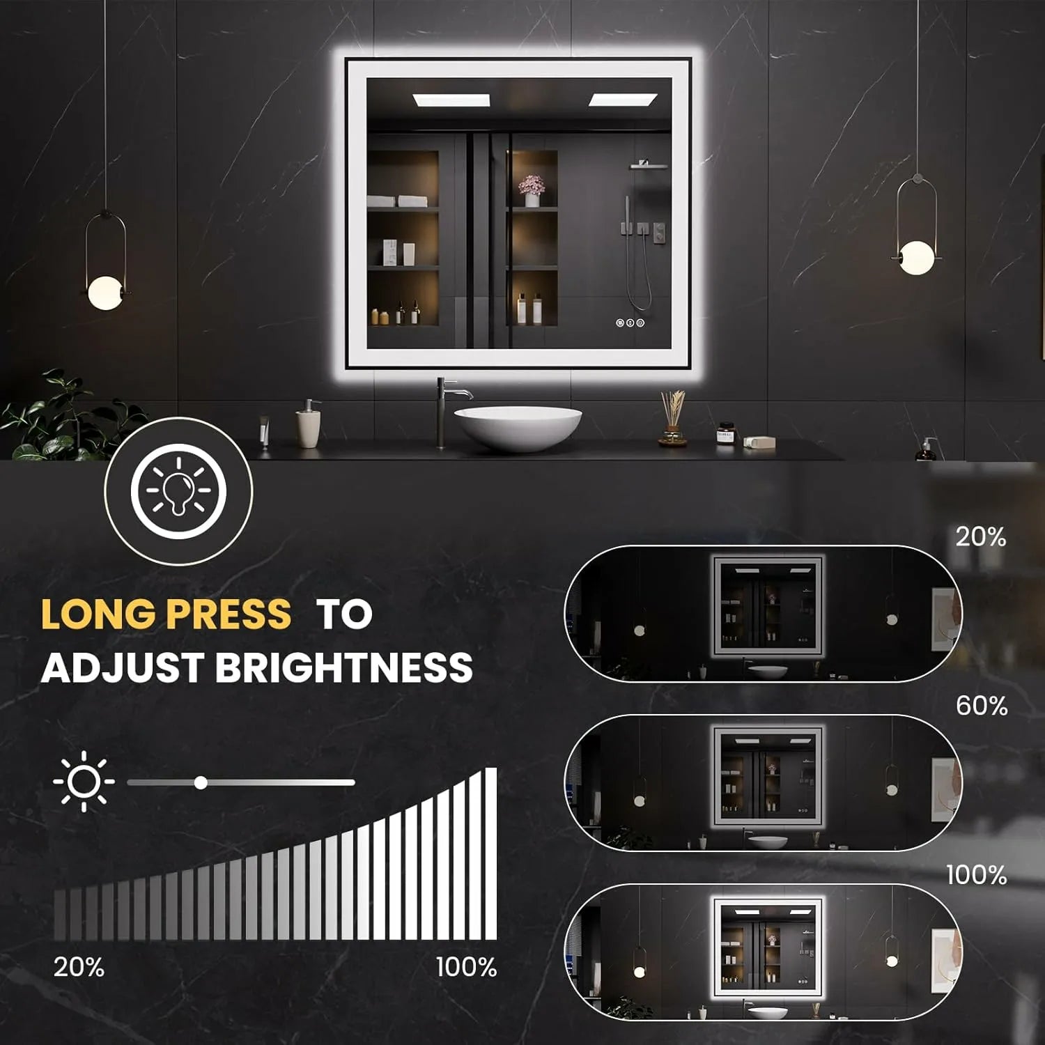 LOAAO 40"X36" Easy to Install Black Framed LED Bathroom Mirror