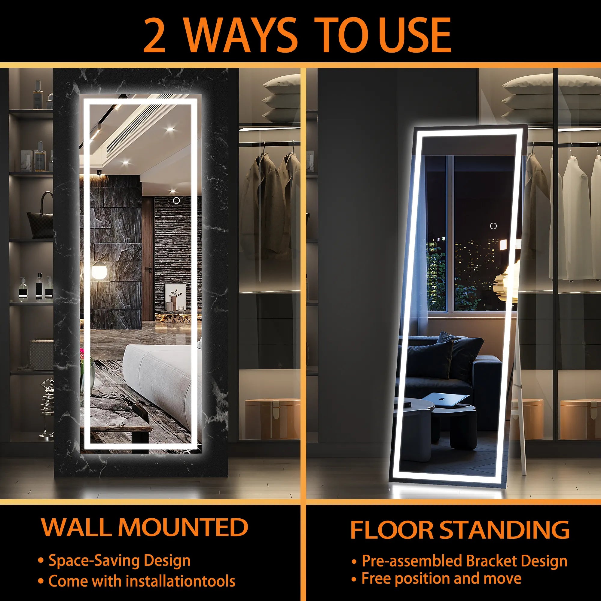 Full Length Floor Standing Mirror with LED light Back-lit