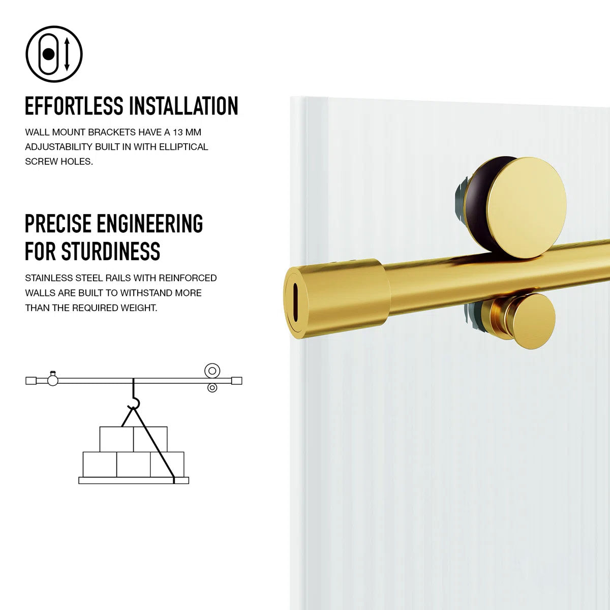 3/8" Fluted Glass 56-60" W x 76" H Matte Brushed Gold Sliding Frameless Shower Door