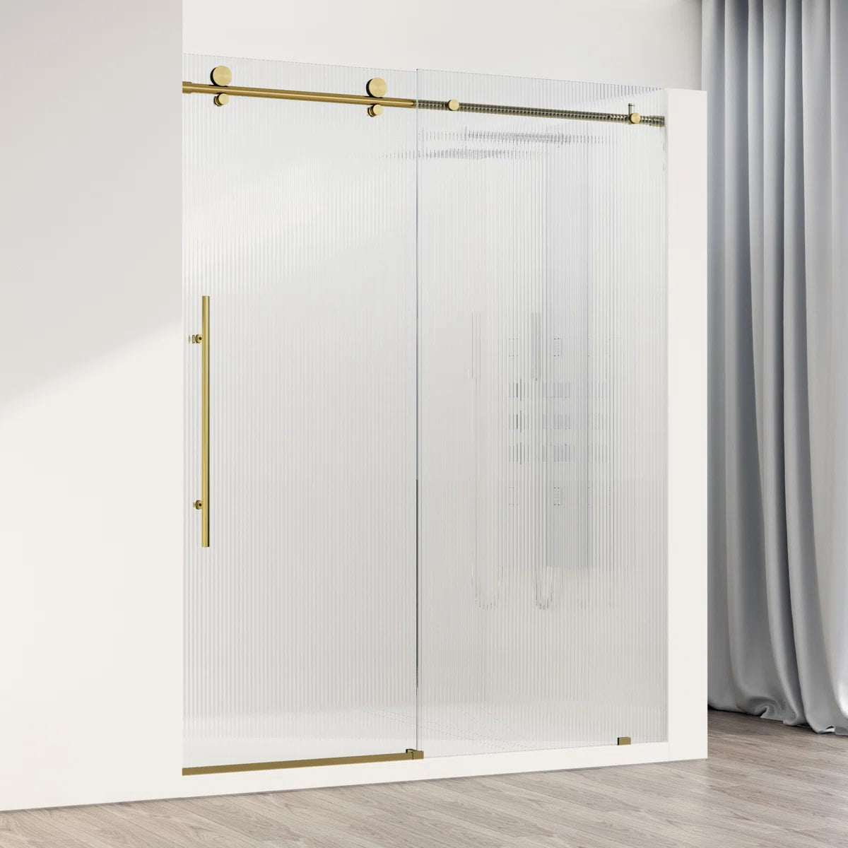 3/8" Fluted Glass 56-60" W x 76" H Matte Brushed Gold Sliding Frameless Shower Door