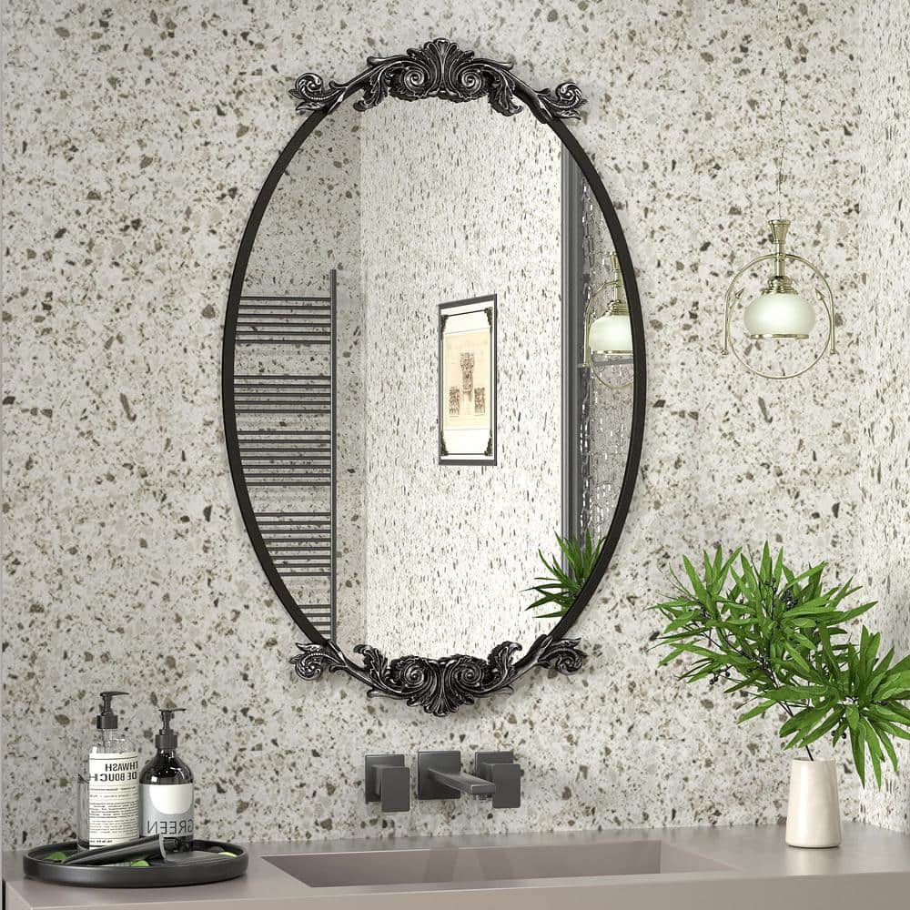LOAAO 32"×20" Oval Baroque Retro Style Black Frame Bathroom Mirror