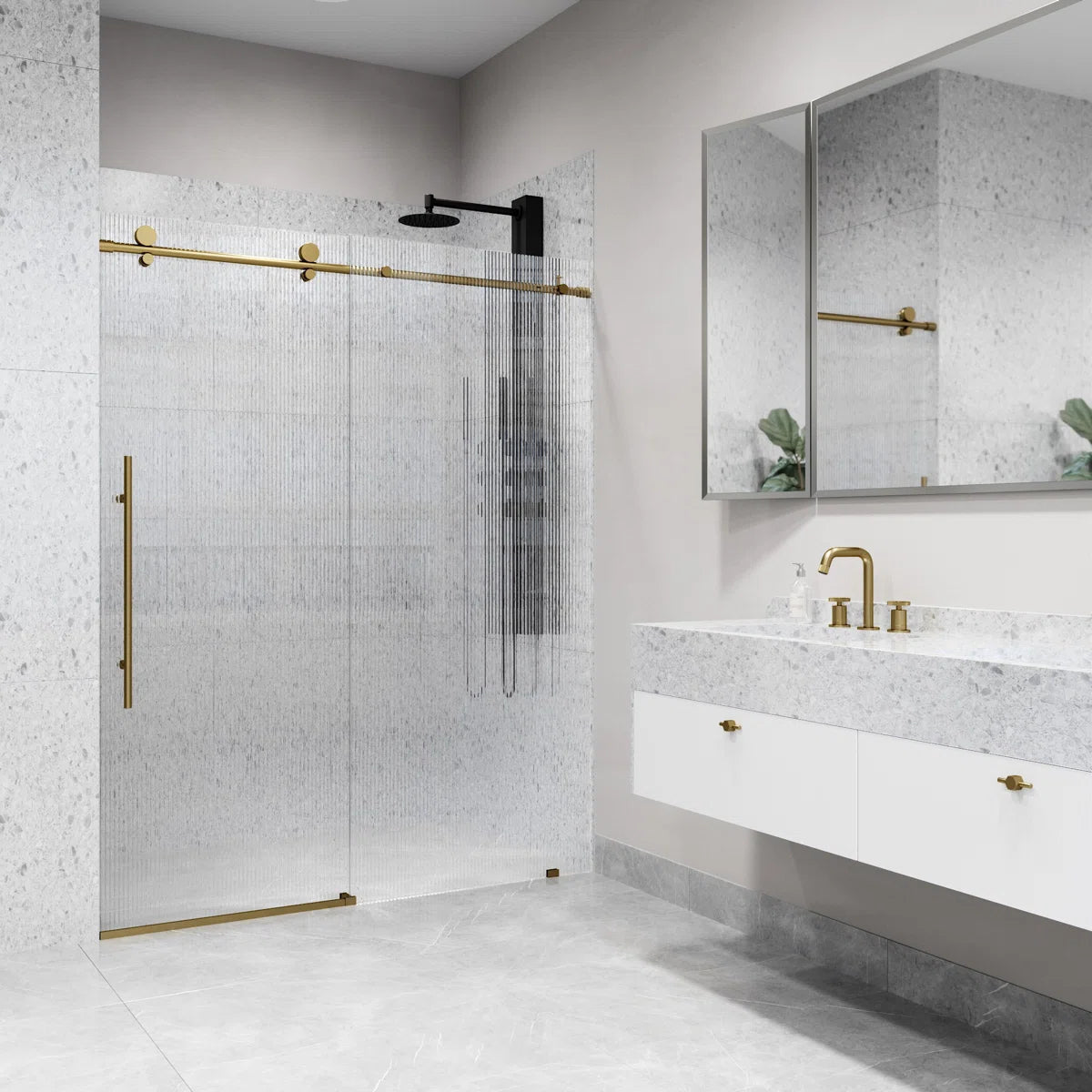 3/8" Fluted Glass 56-60" W x 76" H Matte Brushed Gold Sliding Frameless Shower Door