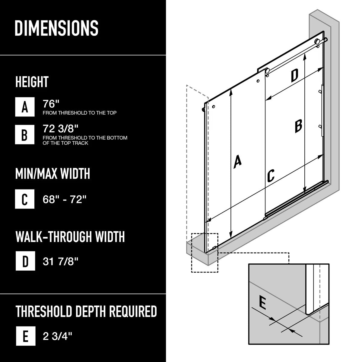 68-72" W x 76" H Sliding Frameless Shower Door with 3/8" Clear Glass