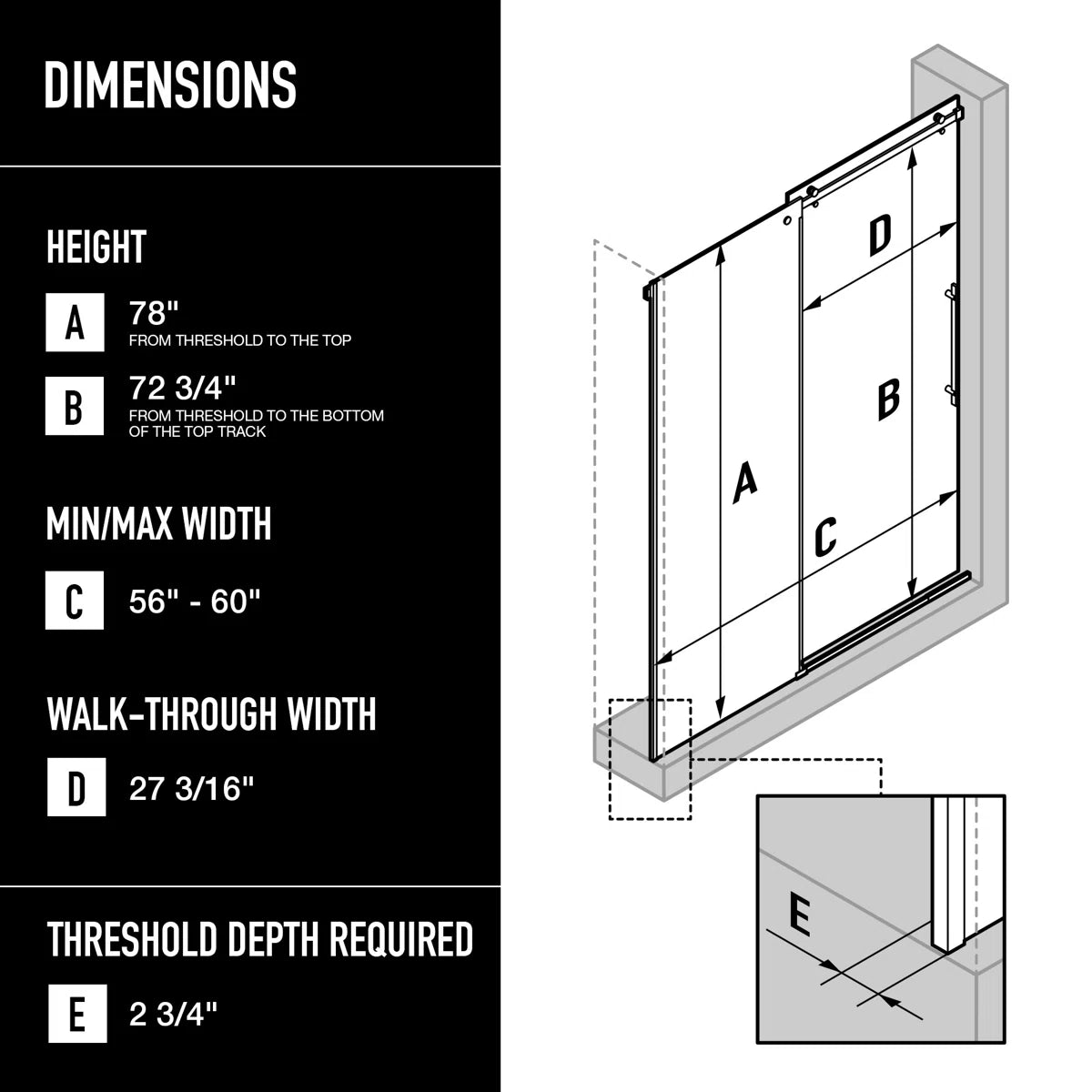 56-60" W x 79" H Sliding Frameless Shower Door with 3/8" Clear Glass