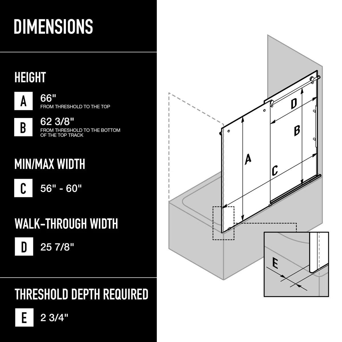 Elan E-Class 56-60" W x 66" H Sliding Frameless Tub Door with 3/8" Clear Glass