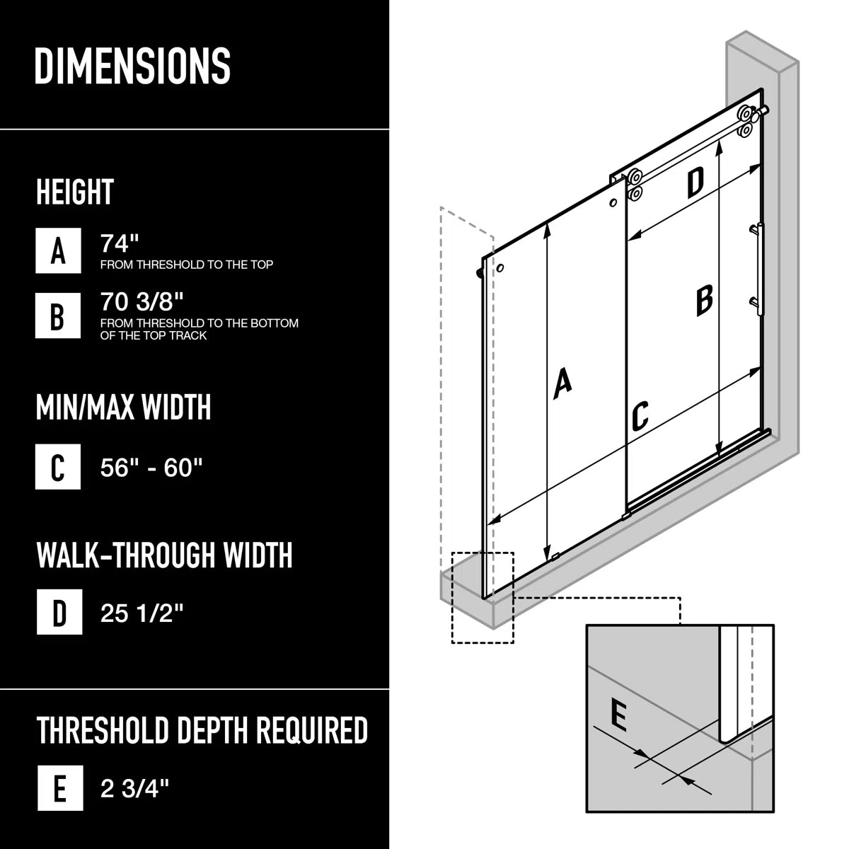 3/8" Clear Glass 56-60" W x 74" H Sliding Frameless Chrome Shower Door