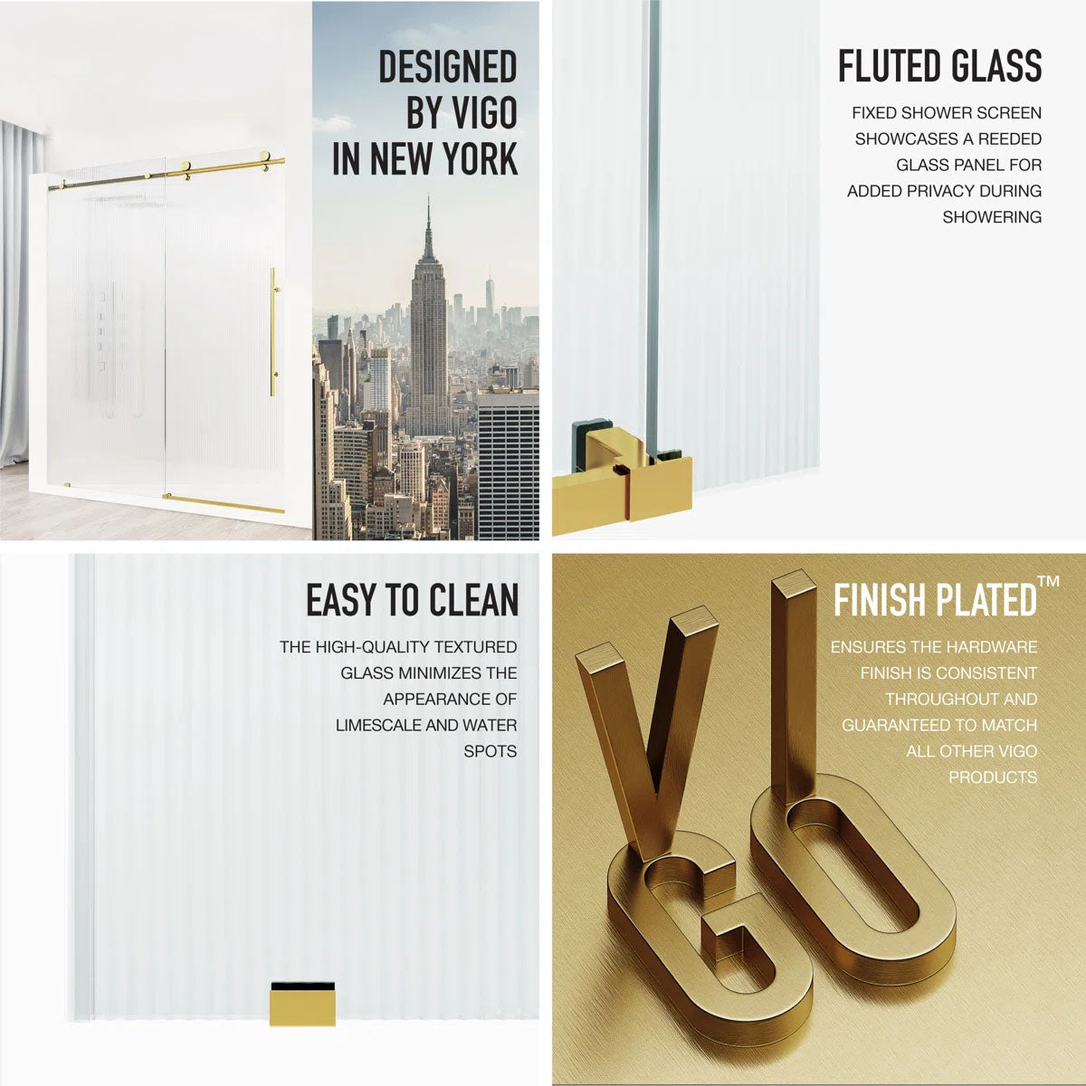 3/8" Fluted Glass 56-60" W x 76" H Matte Brushed Gold Sliding Frameless Shower Door