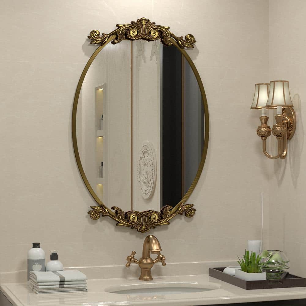 LOAAO 32"×20" Oval Baroque Retro Style Gold Frame Bathroom Mirror