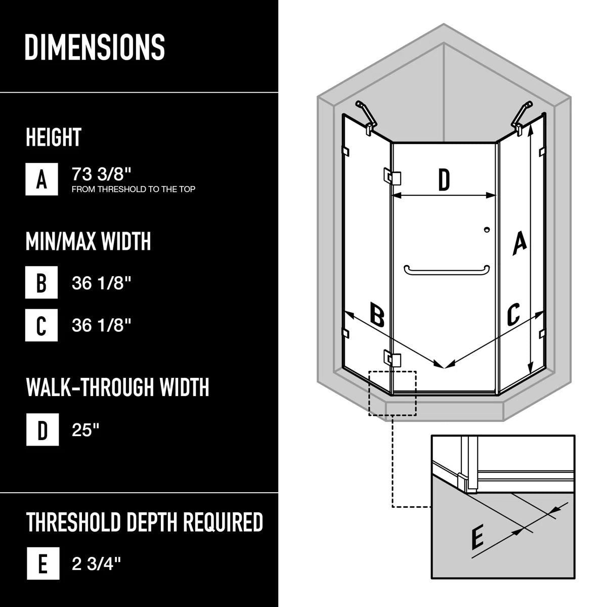 36" W x 36" D x 73" H Hinged Frameless Shower Enclosure with 3/8 Clear Glass