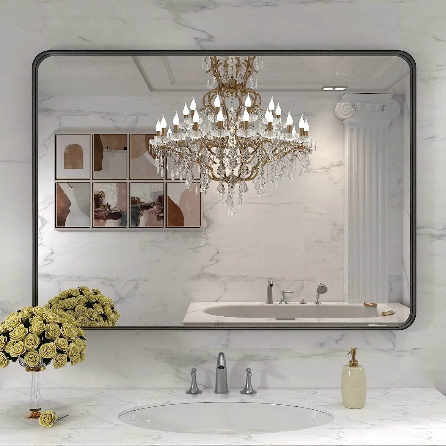 40“X32” Anti-Rust Large Rounded Rectangle Black Metal Framed Bathroom Mirror for Wall