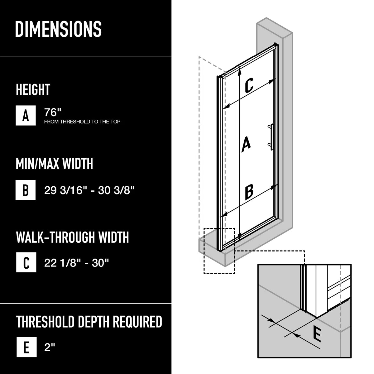 30" W x 76" H Framed Pivot Shower Door with 5/16" Clear Glass
