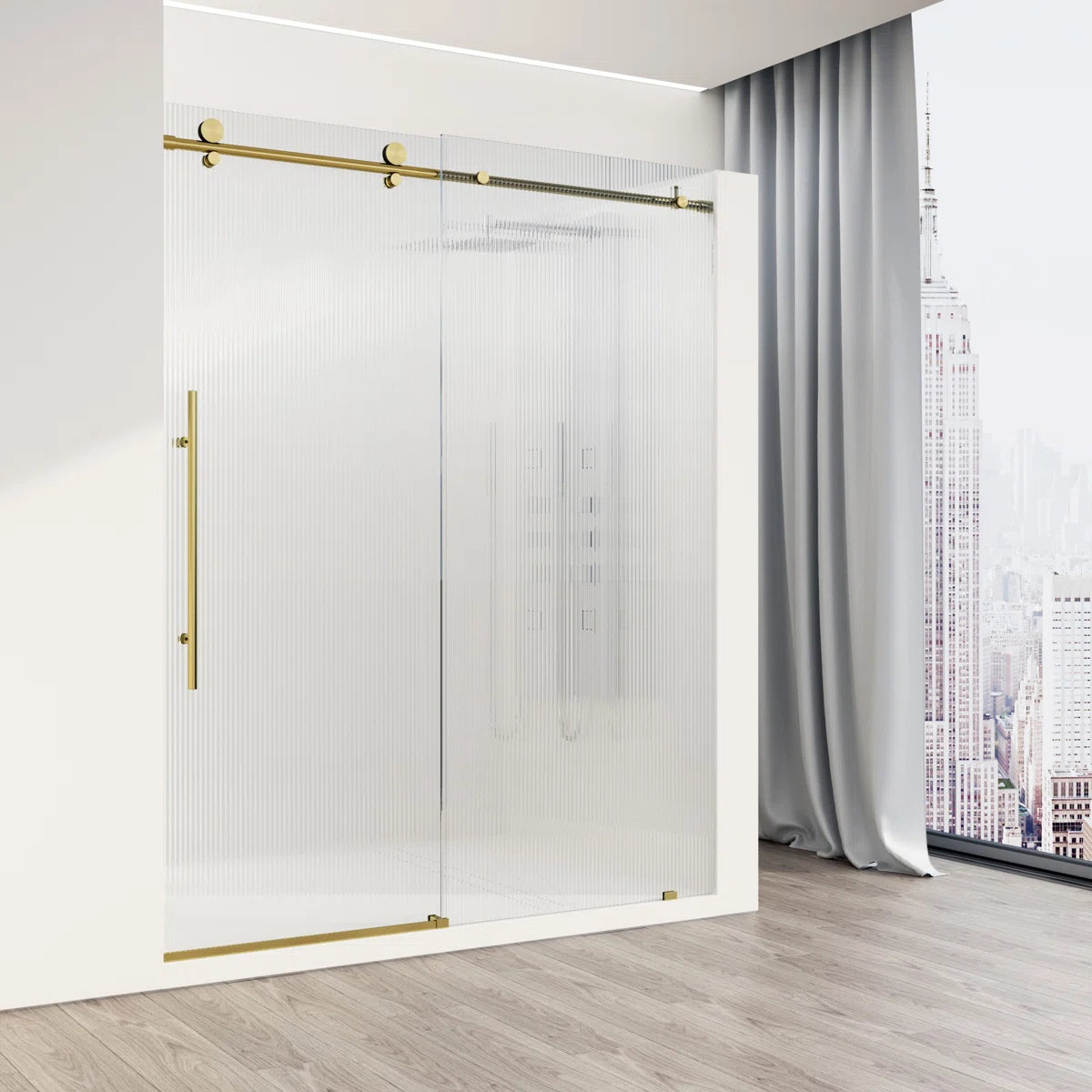 3/8" Fluted Glass 56-60" W x 76" H Matte Brushed Gold Sliding Frameless Shower Door