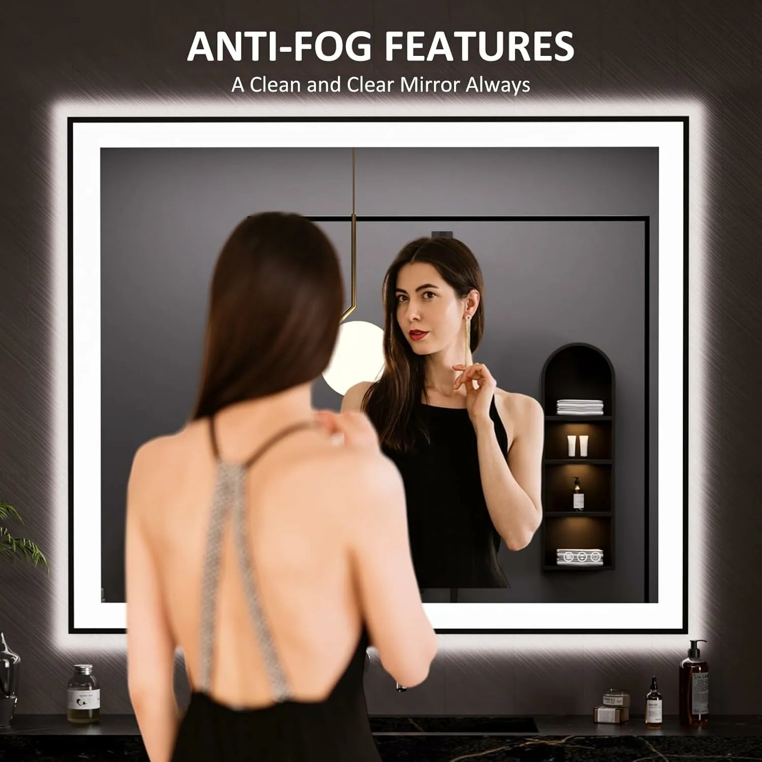LOAAO 48"X40" Tempered Glass Black Framed LED Bathroom Mirror