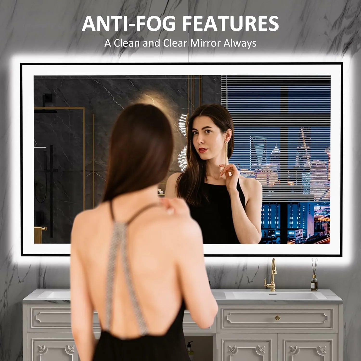 LOAAO 60"X36" Anti-Fog Black Framed LED Bathroom Mirror