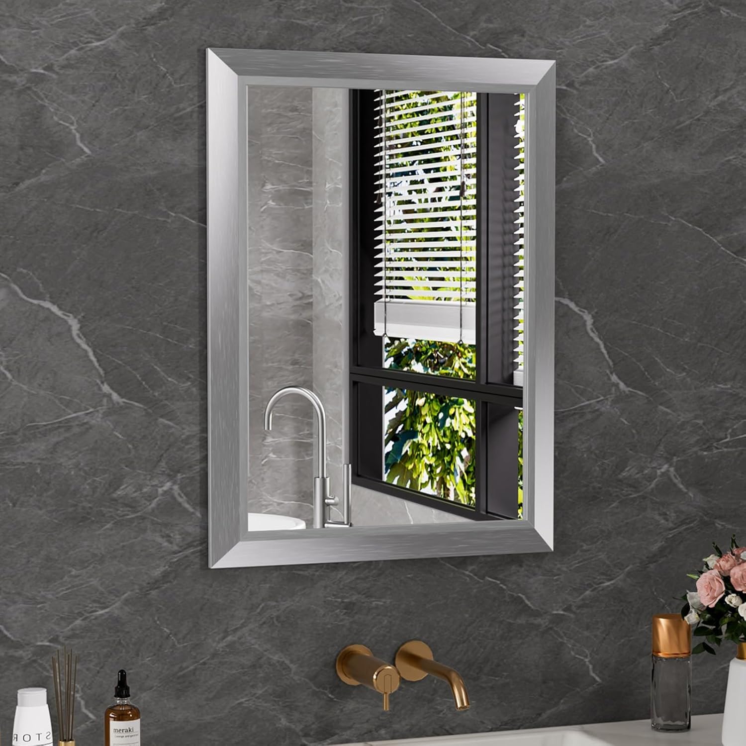 LOAAO 16"×20" Rectangular Aluminum Alloy Silver Frame Bathroom Mirror
