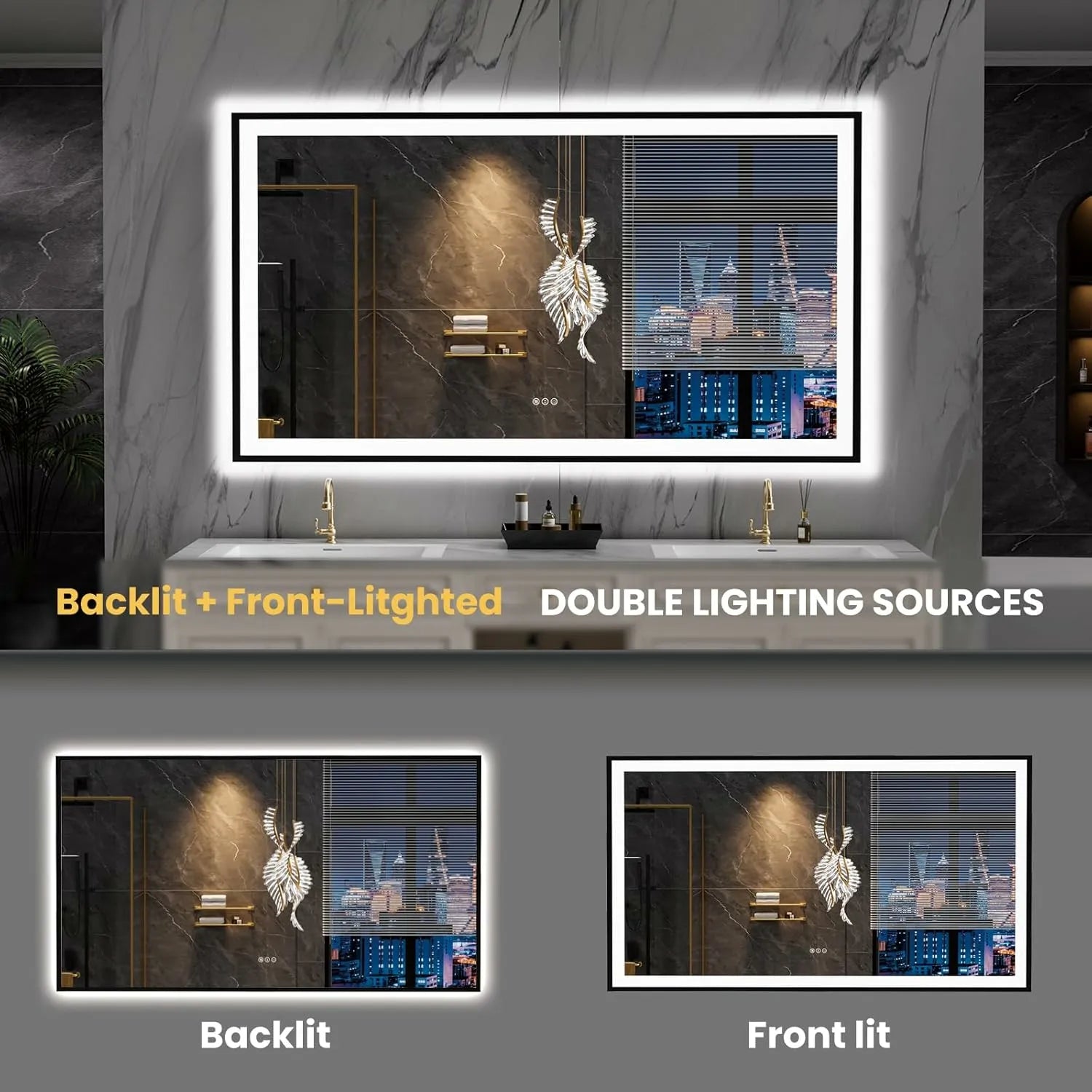 LOAAO 77"X36" Large Shatter-Proof Black Framed LED Bathroom Mirror