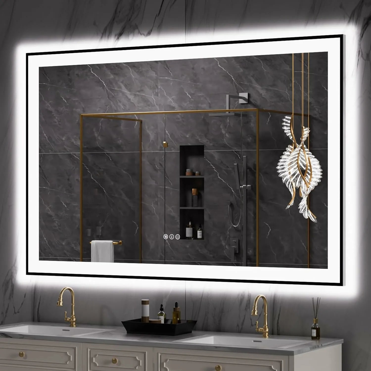 LOAAO 55"X36" Black Framed LED Bathroom Mirror