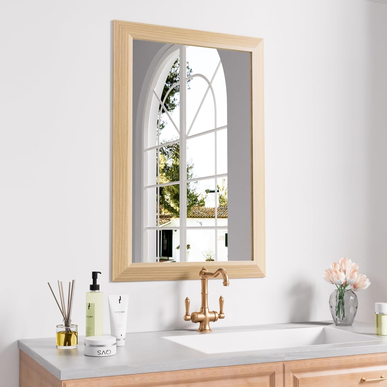 LOAAO 20"×28" Rectangular Aluminum Alloy Light Wood Grain Frame Mirror