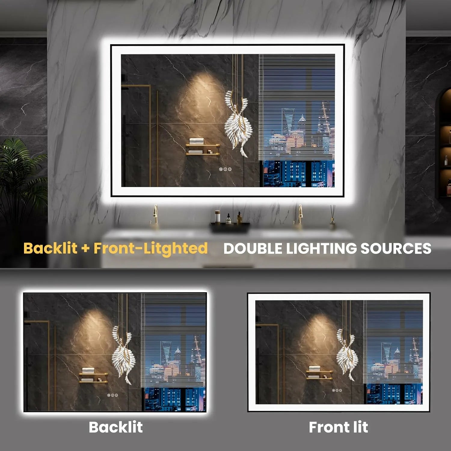 LOAAO 55"X36" Black Framed LED Bathroom Mirror